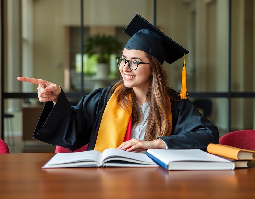 young-female-university-graduate-academic-cap-sitting-table-smiling-pointing-left-future-lawyer-engineer-showing-idea_1120246-7658